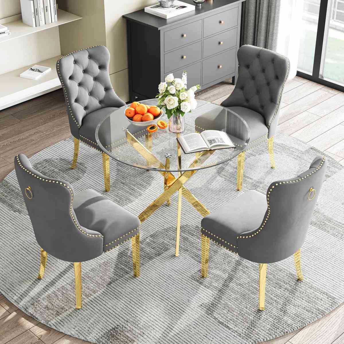 36" Round Glass Dining Set, Modern Velvet Upholstered Chairs with Cross Stainless Steel Base (Gray)