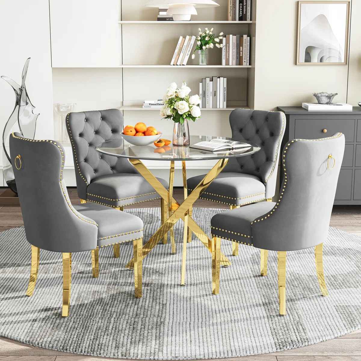 36" Round Glass Dining Set, Modern Velvet Upholstered Chairs with Cross Stainless Steel Base (Gray)