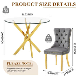 36" Round Glass Dining Set, Modern Velvet Upholstered Chairs with Cross Stainless Steel Base (Gray)