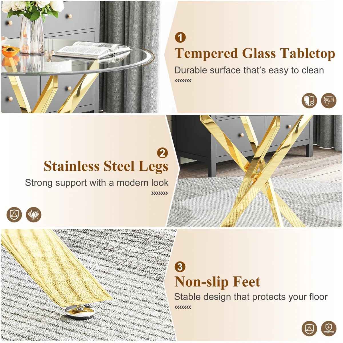 36" Round Glass Dining Set, Modern Velvet Upholstered Chairs with Cross Stainless Steel Base (Gray)