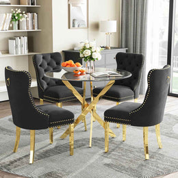 36" Round Glass Dining Set, Modern Velvet Upholstered Chairs with Cross Stainless Steel Base (Black)