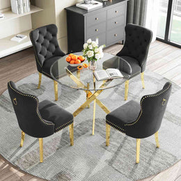 36" Round Glass Dining Set, Modern Velvet Upholstered Chairs with Cross Stainless Steel Base (Black)