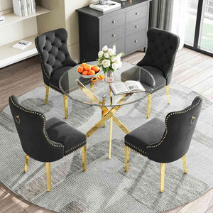 36" Round Glass Dining Set, Modern Velvet Upholstered Chairs with Cross Stainless Steel Base (Black)