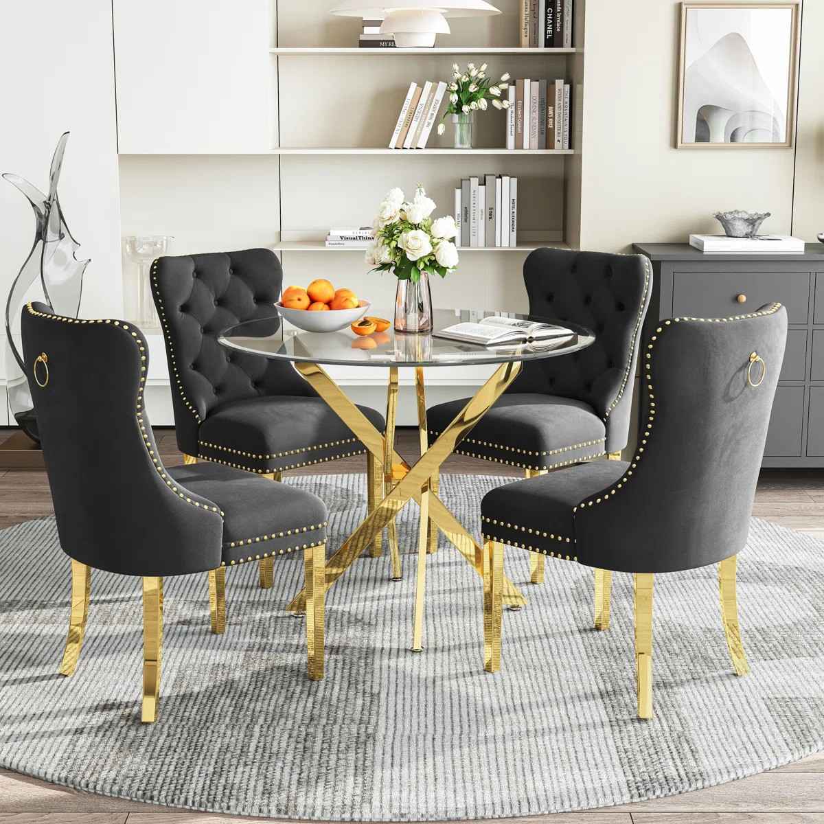 36" Round Glass Dining Set, Modern Velvet Upholstered Chairs with Cross Stainless Steel Base (Black)