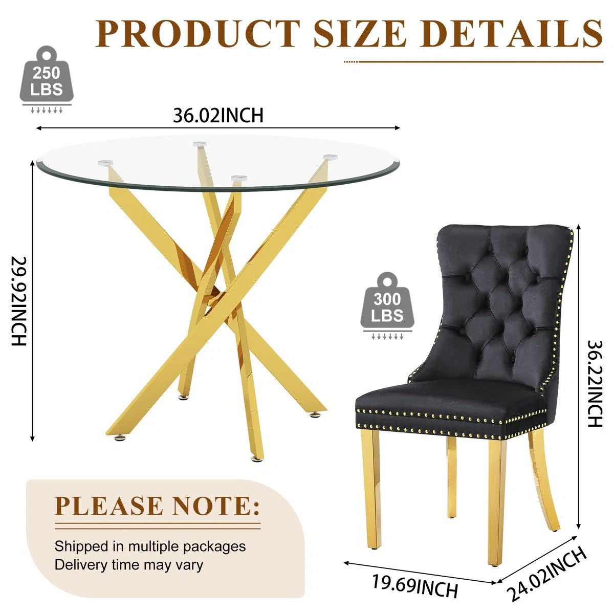 36" Round Glass Dining Set, Modern Velvet Upholstered Chairs with Cross Stainless Steel Base (Black)