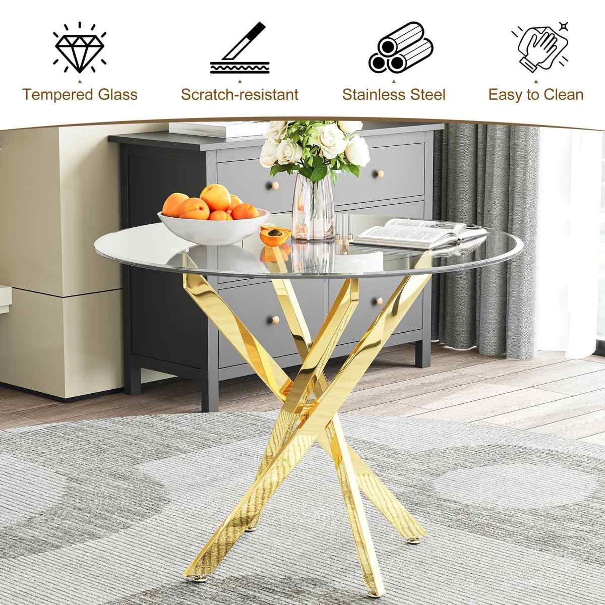 36" Round Glass Dining Set, Modern Velvet Upholstered Chairs with Cross Stainless Steel Base (Black)