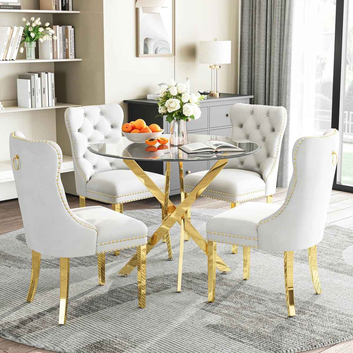 36" Round Glass Dining Set, Modern Velvet Upholstered Chairs with Cross Stainless Steel Base (White)
