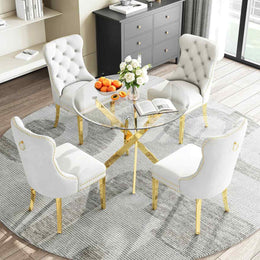 36" Round Glass Dining Set, Modern Velvet Upholstered Chairs with Cross Stainless Steel Base (White)