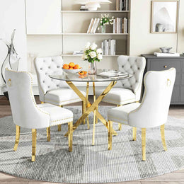 36" Round Glass Dining Set, Modern Velvet Upholstered Chairs with Cross Stainless Steel Base (White)