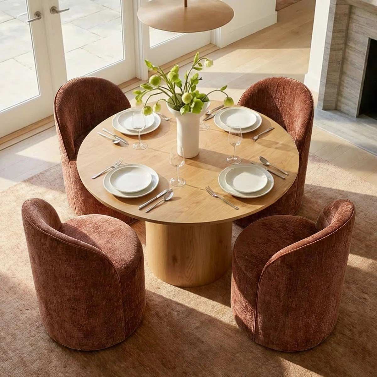 4 - Person Dining Table Sets With (Natural) Round Table & 4 Upholstered Fabric Chairs (Rust)