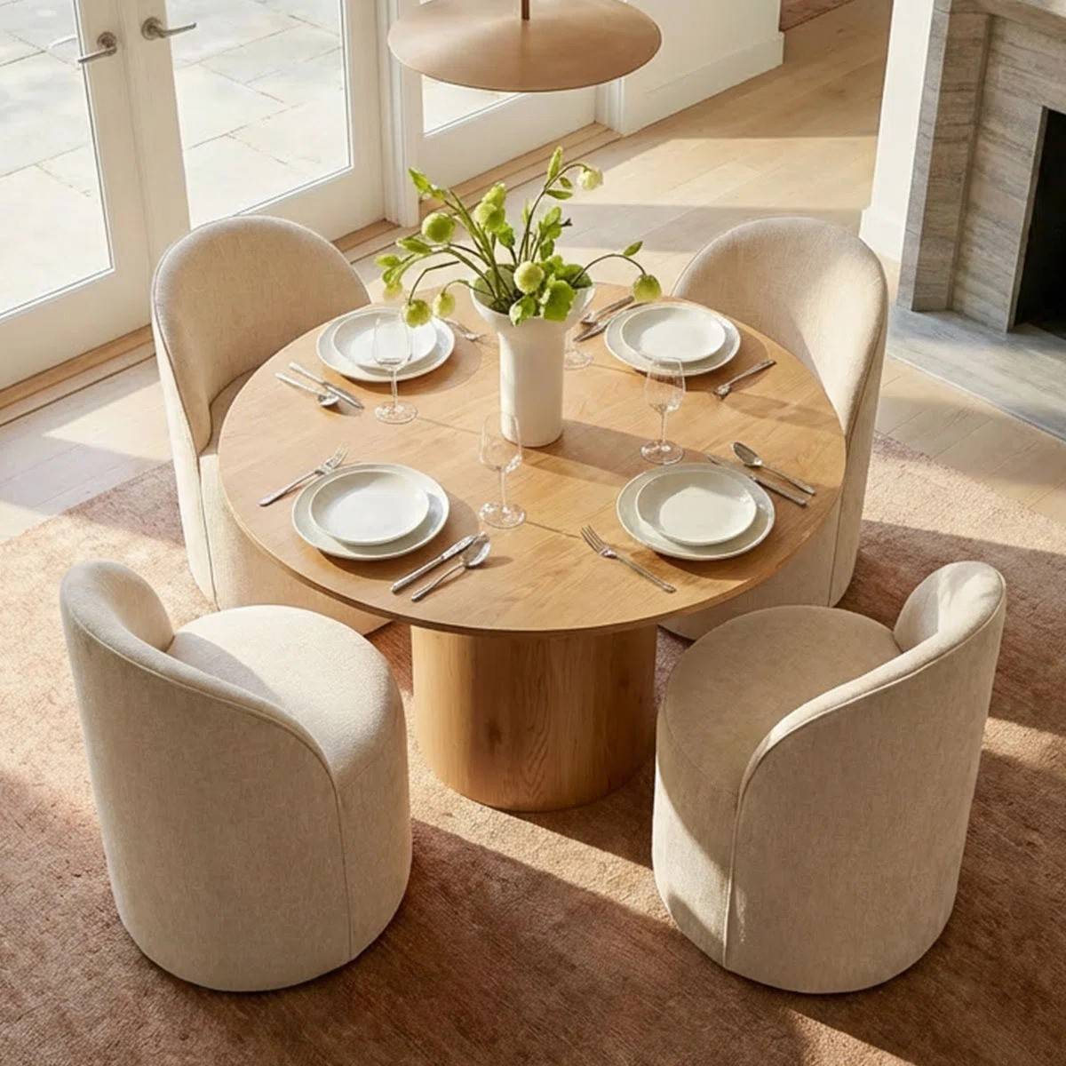 4 - Person Dining Table Sets With (Natural) Round Table & 4 Upholstered Fabric Chairs (Soft Tan)