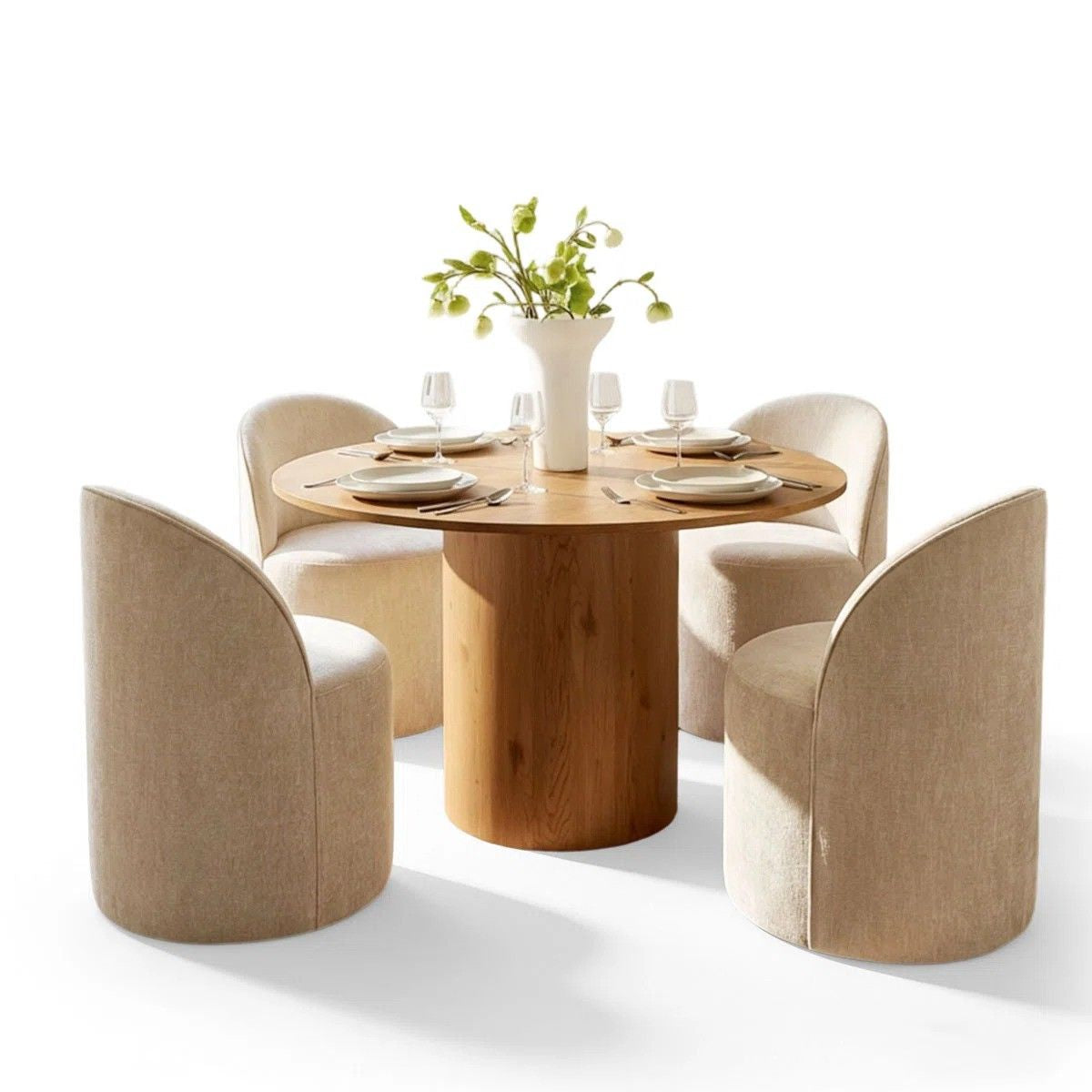 4 - Person Dining Table Sets With (Natural) Round Table & 4 Upholstered Fabric Chairs (Soft Tan)