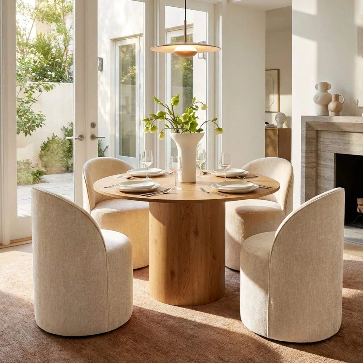 4 - Person Dining Table Sets With (Natural) Round Table & 4 Upholstered Fabric Chairs (Soft Tan)