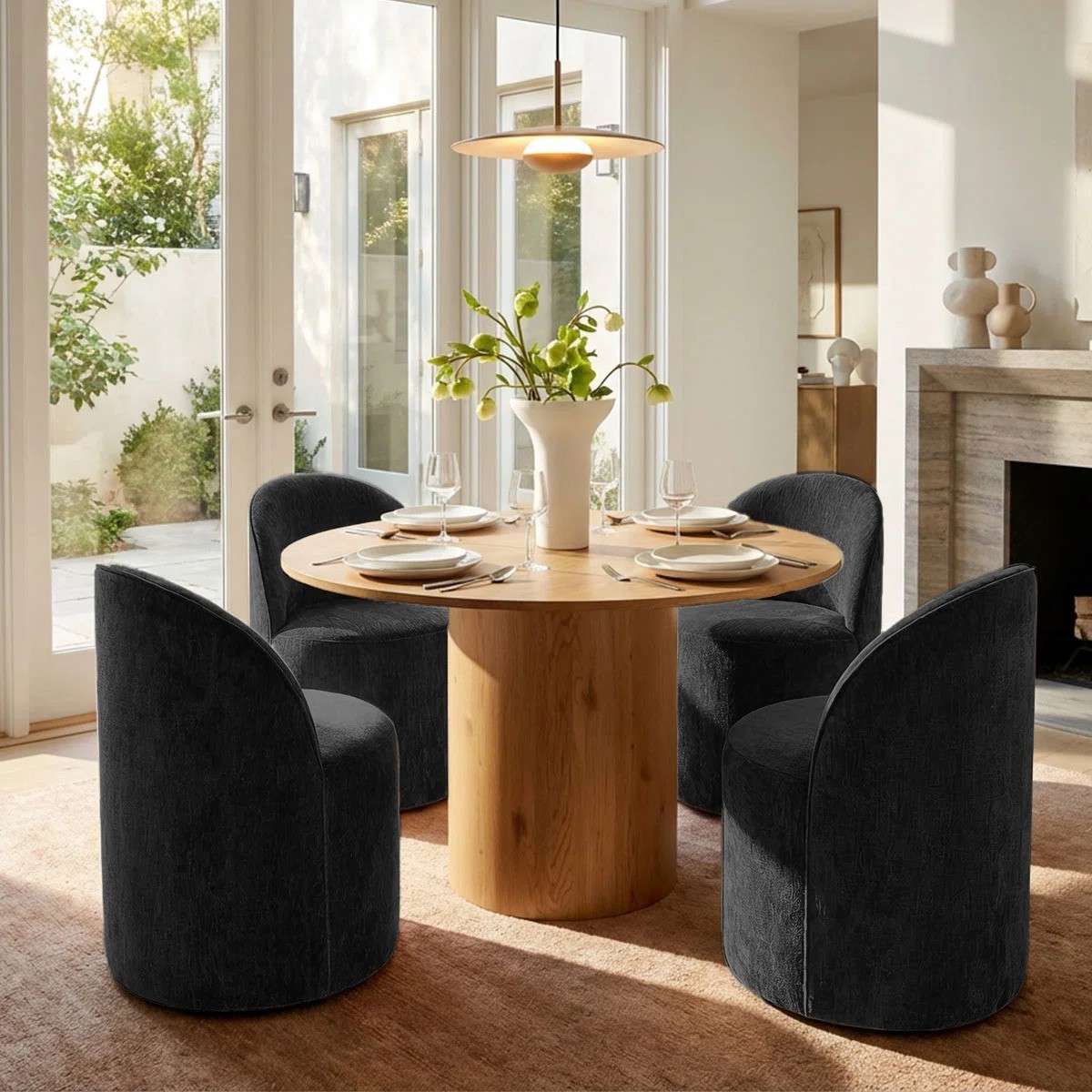 4 - Person Dining Table Sets With (Natural) Round Table & 4 Upholstered Fabric Chairs (Black)