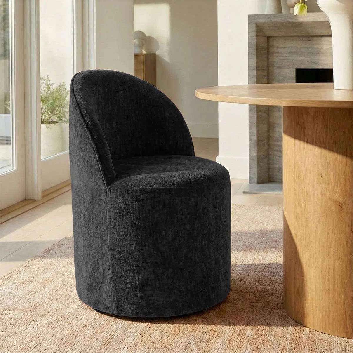 4 - Person Dining Table Sets With (Natural) Round Table & 4 Upholstered Fabric Chairs (Black)