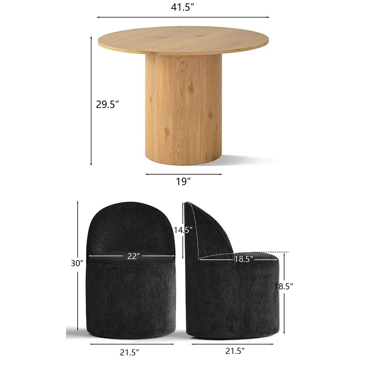 4 - Person Dining Table Sets With (Natural) Round Table & 4 Upholstered Fabric Chairs (Black)