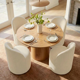 4 - Person Dining Table Sets With (Natural) Round Table & 4 Upholstered Fabric Chairs (Beige)