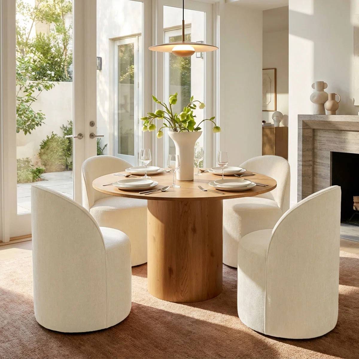 4 - Person Dining Table Sets With (Natural) Round Table & 4 Upholstered Fabric Chairs (Beige)