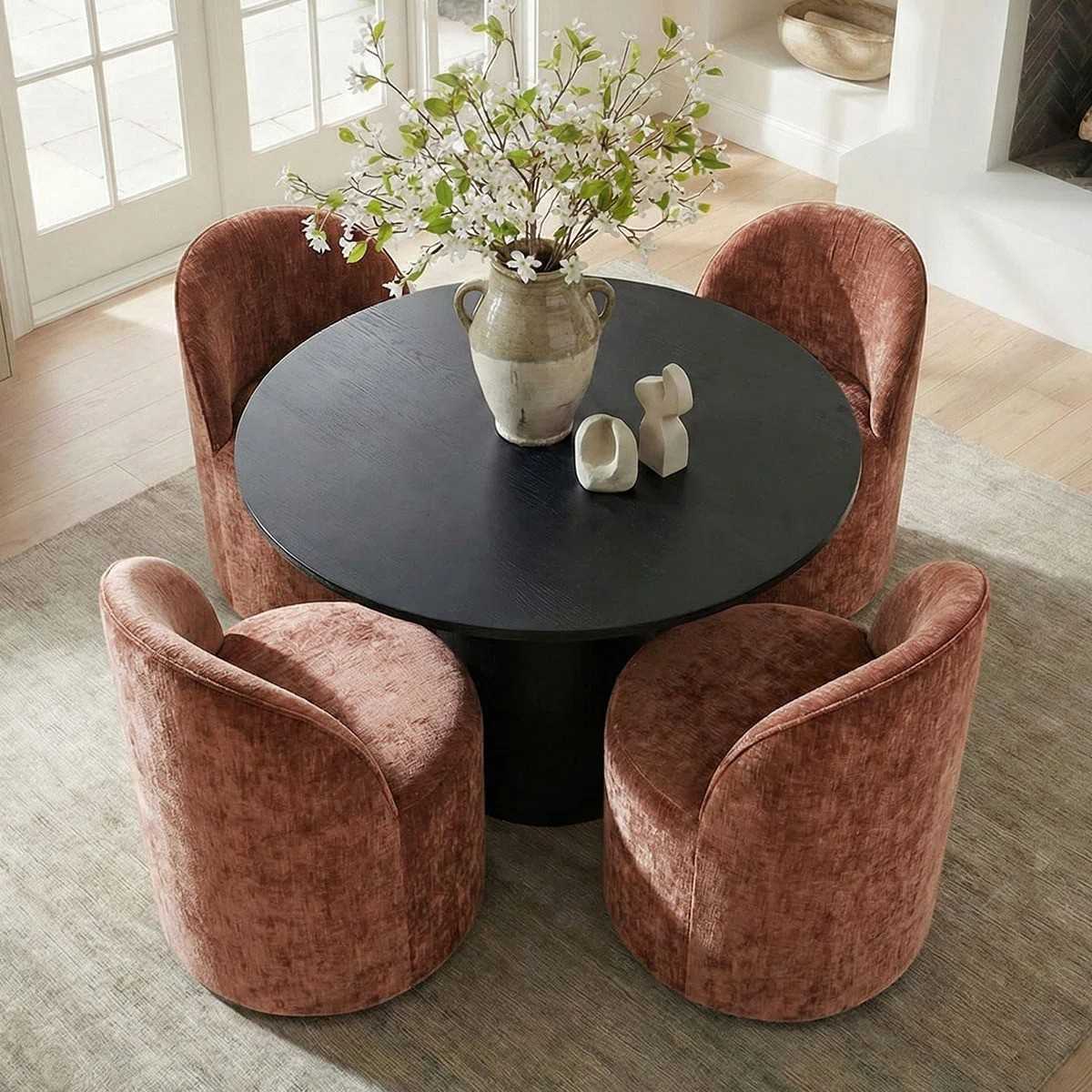 4 - Person Dining Table Sets With (Black) Round Table & 4 Upholstered Fabric Chairs (Rust)