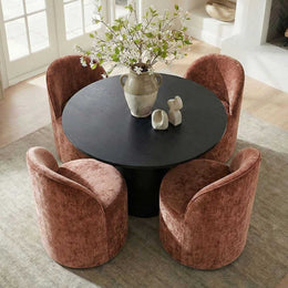 4 - Person Dining Table Sets With (Black) Round Table & 4 Upholstered Fabric Chairs (Rust)