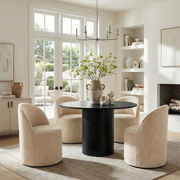 4 - Person Dining Table Sets With (Black) Round Table & 4 Upholstered Fabric Chairs (Soft Tan)