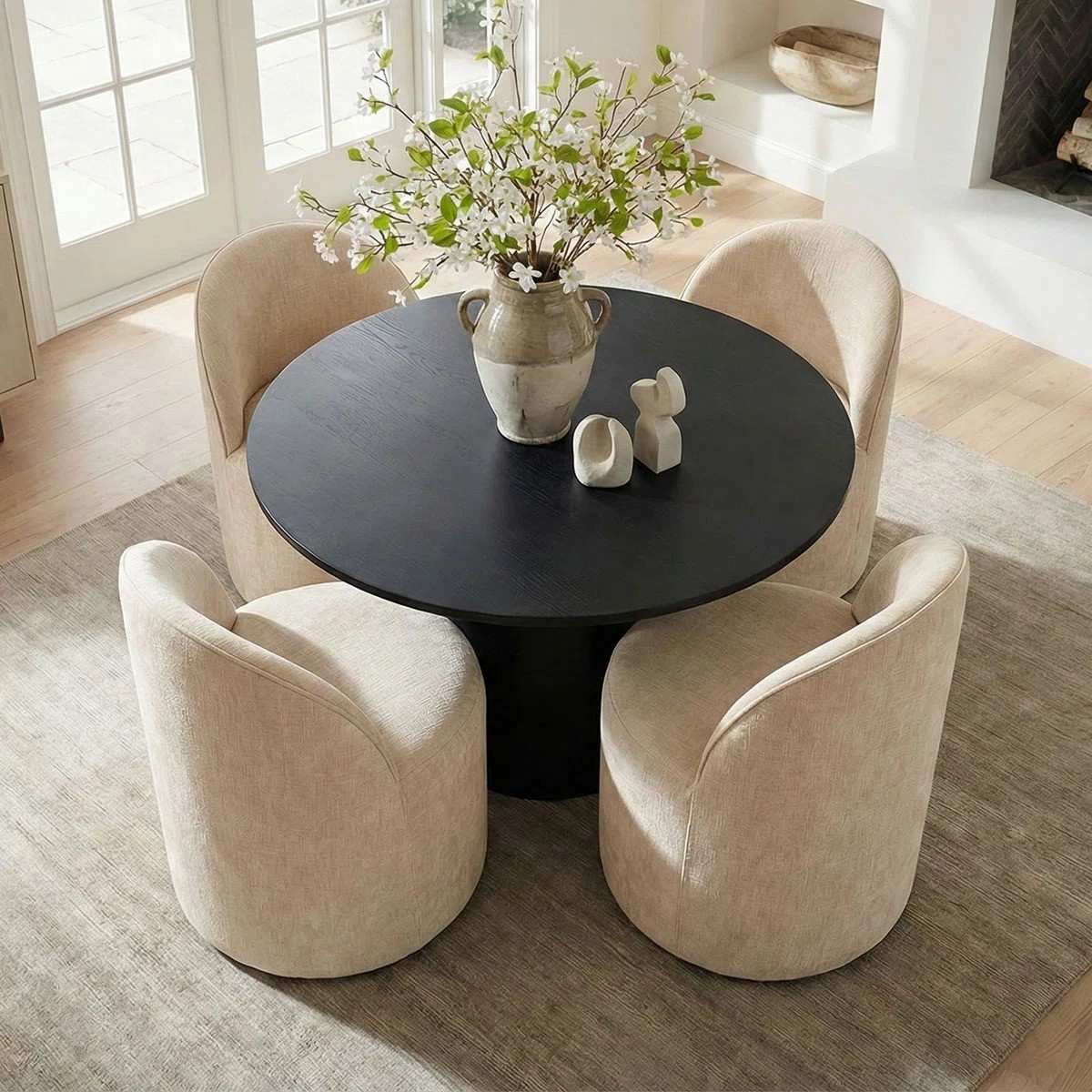 4 - Person Dining Table Sets With (Black) Round Table & 4 Upholstered Fabric Chairs (Soft Tan)