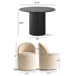 4 - Person Dining Table Sets With (Black) Round Table & 4 Upholstered Fabric Chairs (Soft Tan)