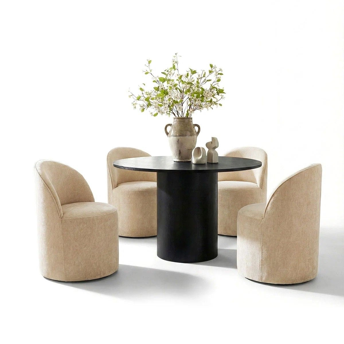 4 - Person Dining Table Sets With (Black) Round Table & 4 Upholstered Fabric Chairs (Soft Tan)