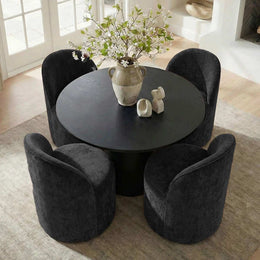 4 - Person Dining Table Sets With (Black) Round Table & 4 Upholstered Fabric Chairs (Black)