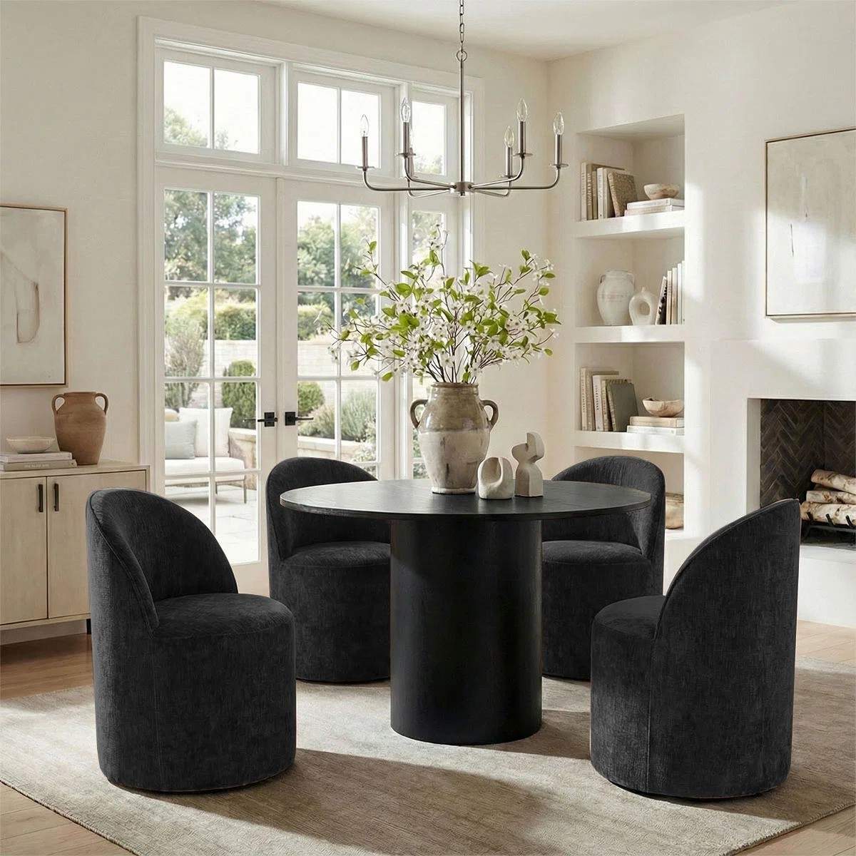 4 - Person Dining Table Sets With (Black) Round Table & 4 Upholstered Fabric Chairs (Black)