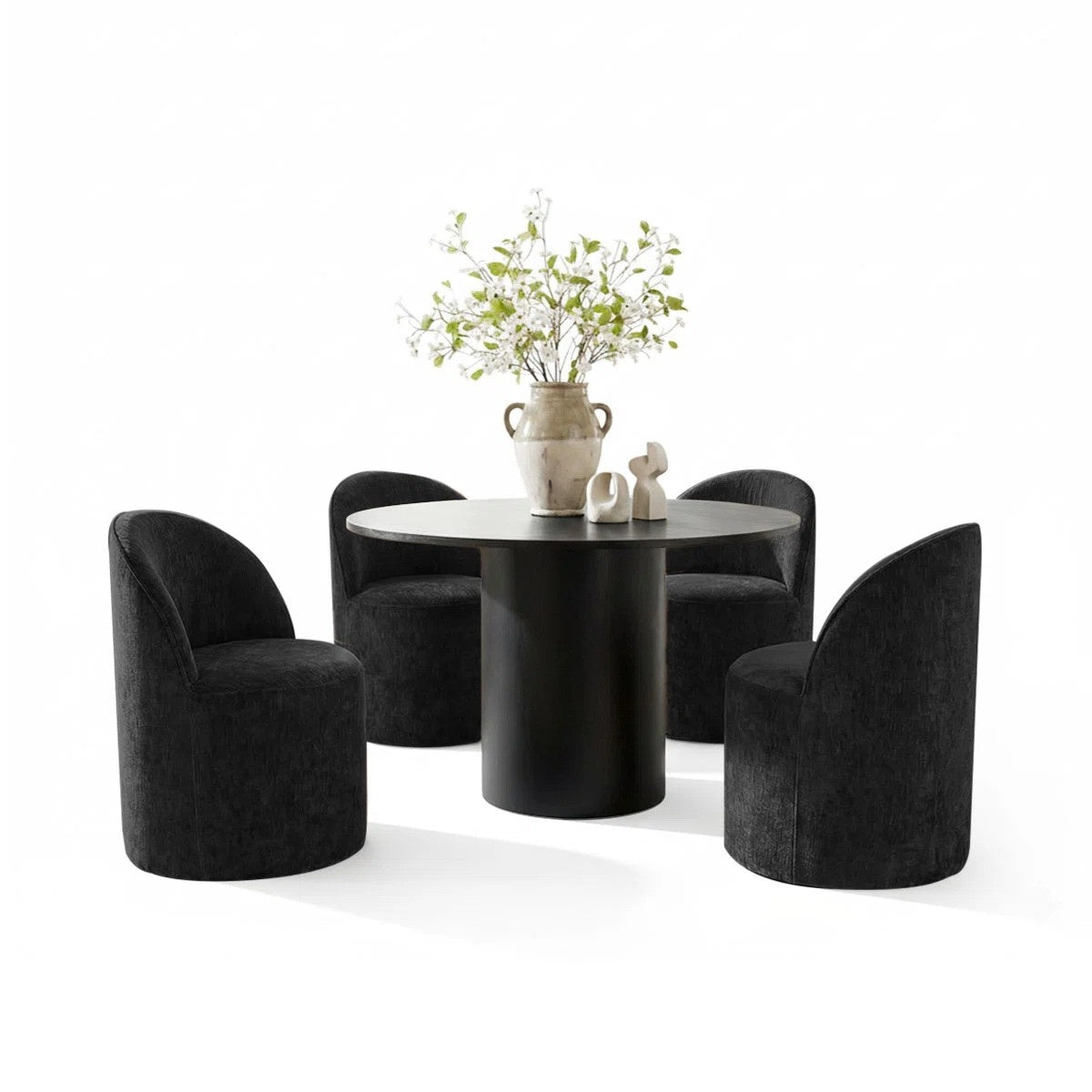 4 - Person Dining Table Sets With (Black) Round Table & 4 Upholstered Fabric Chairs (Black)