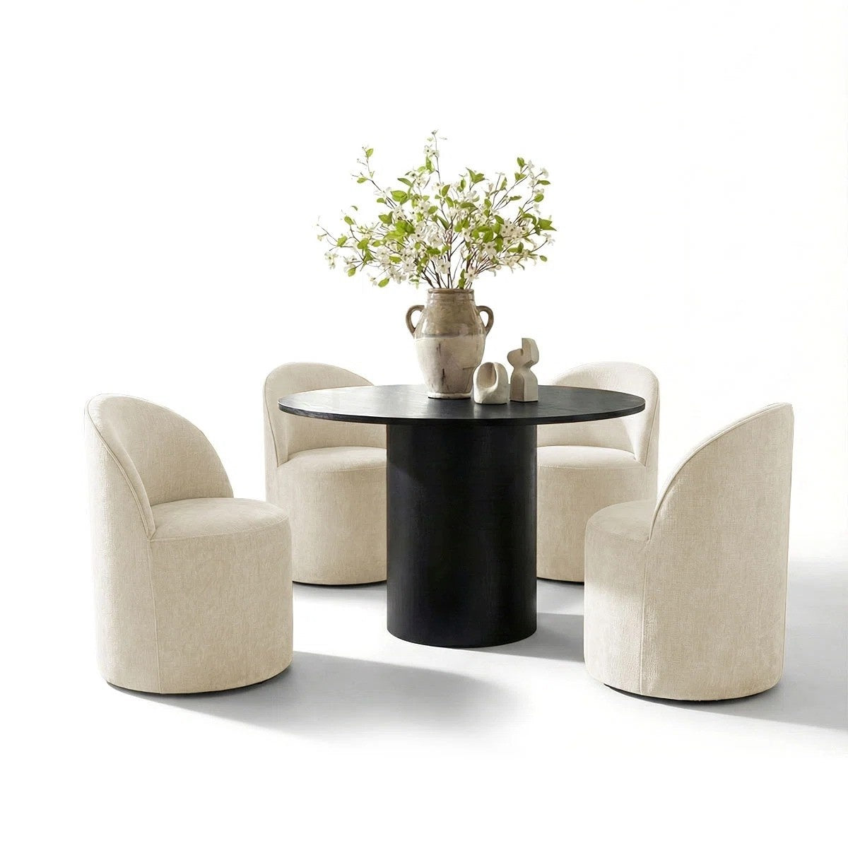 4 - Person Dining Table Sets With (Black) Round Table & 4 Upholstered Fabric Chairs (Beige)