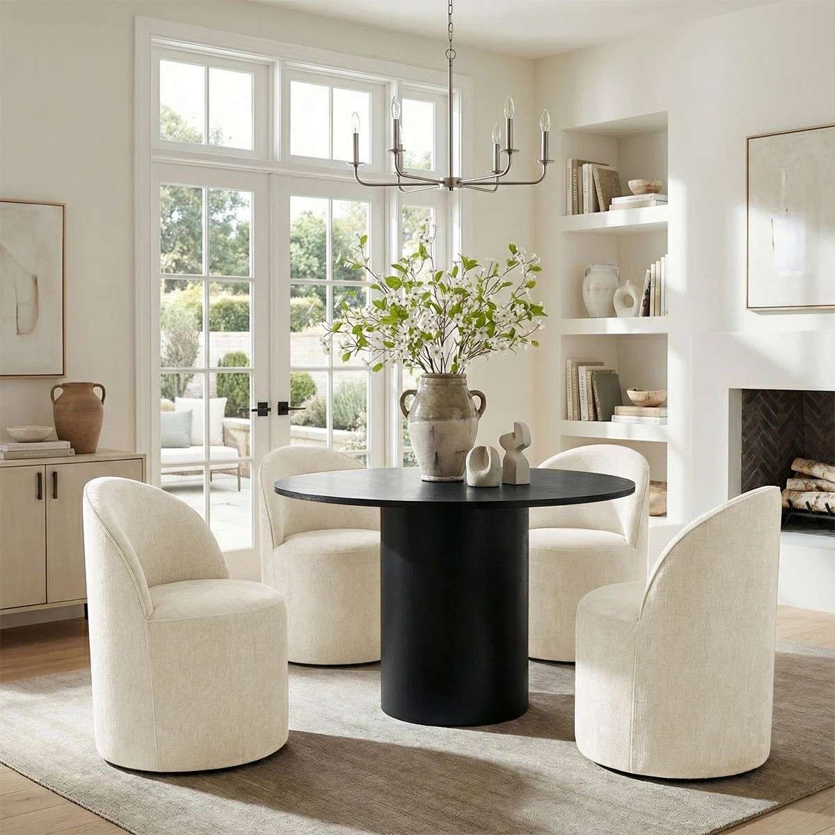 4 - Person Dining Table Sets With (Black) Round Table & 4 Upholstered Fabric Chairs (Beige)