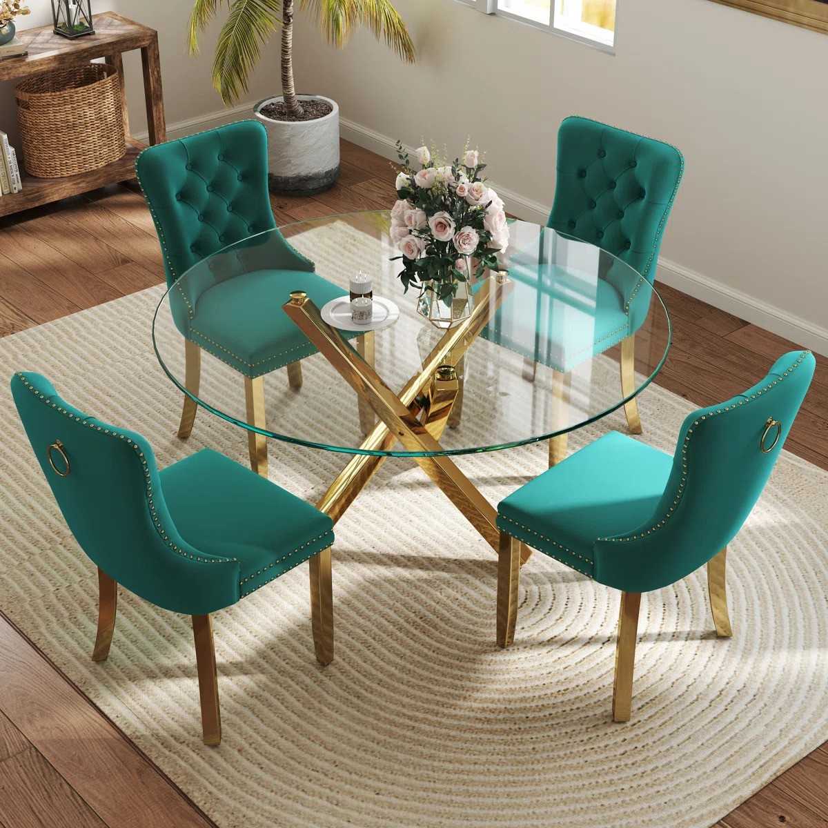 5-Piece Round Glass Dining Table Set (Green/Gold)