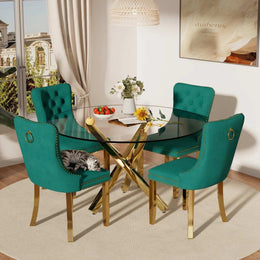 5-Piece Round Glass Dining Table Set (Green/Gold)