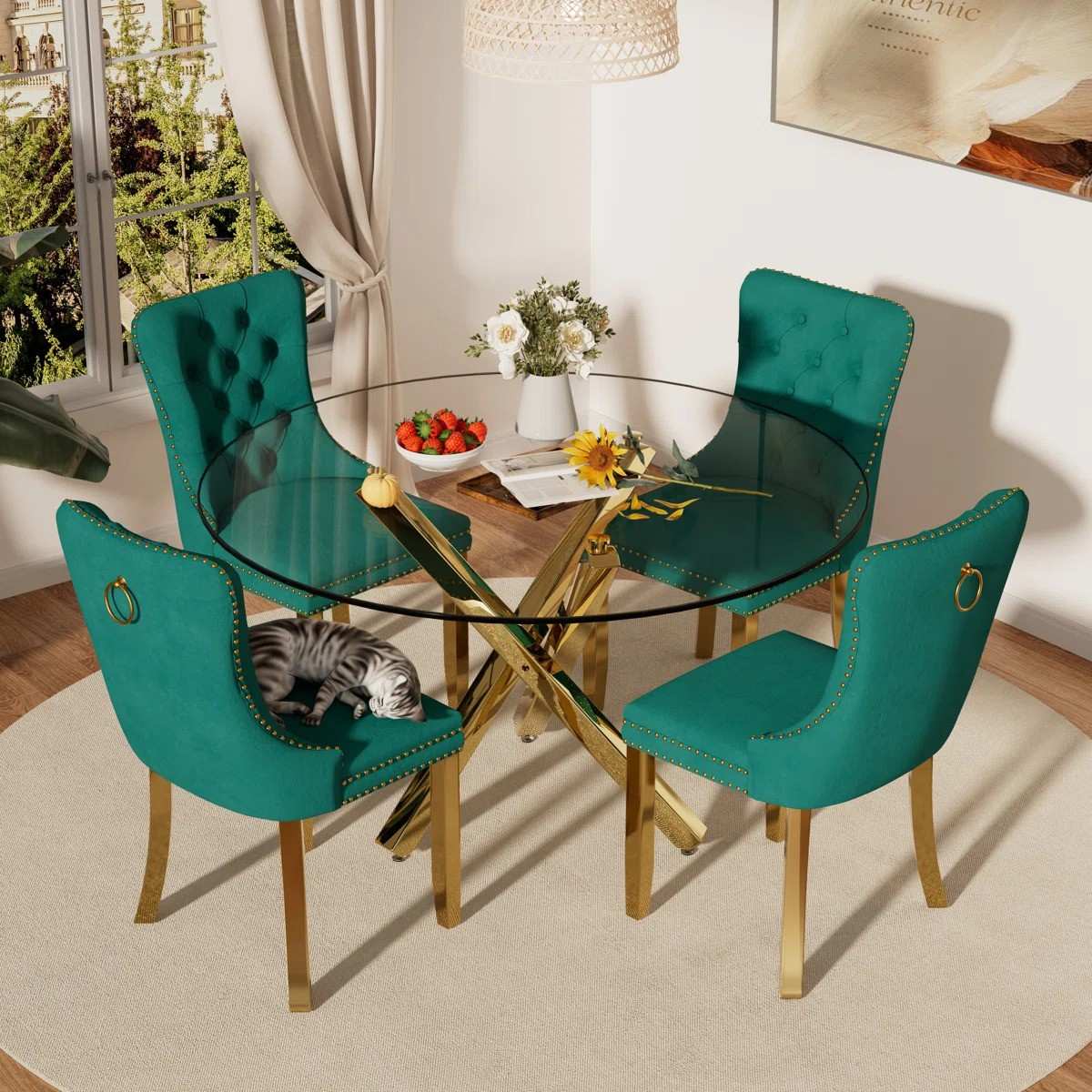 5-Piece Round Glass Dining Table Set (Green/Gold)