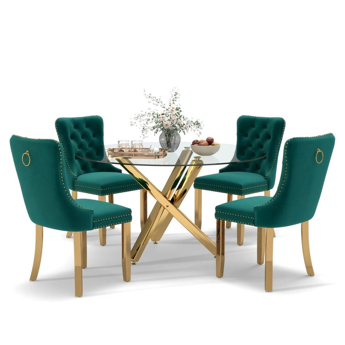 5-Piece Round Glass Dining Table Set (Green/Gold)