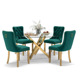 5-Piece Round Glass Dining Table Set (Green/Gold)