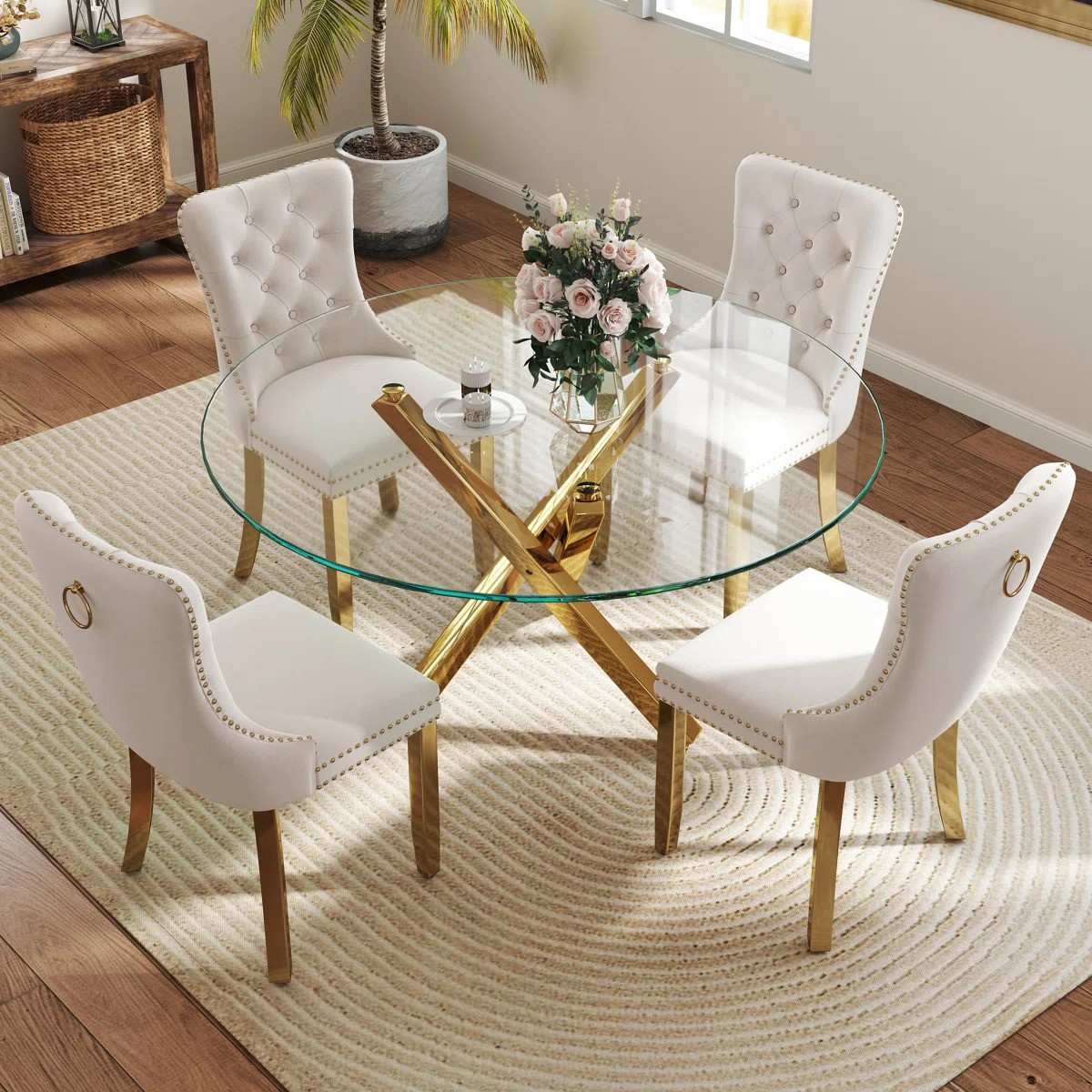 5-Piece Round Glass Dining Table Set (Beige/Gold)