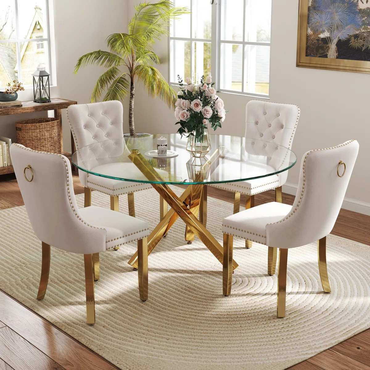 5-Piece Round Glass Dining Table Set (Beige/Gold)