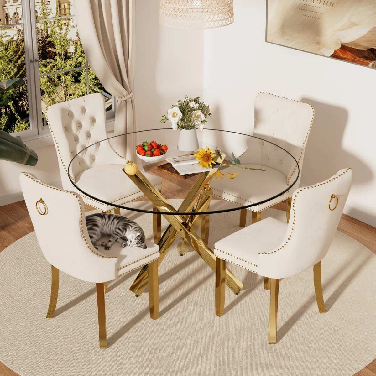 5-Piece Round Glass Dining Table Set (Beige/Gold)
