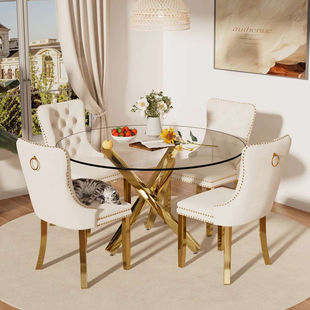 5-Piece Round Glass Dining Table Set (Beige/Gold)
