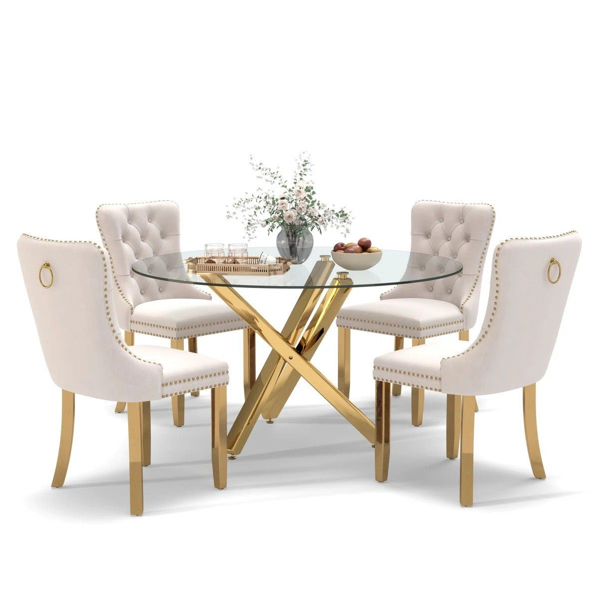 5-Piece Round Glass Dining Table Set (Beige/Gold)