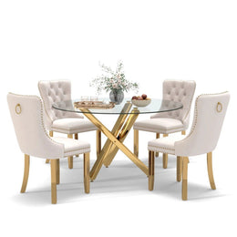 5-Piece Round Glass Dining Table Set (Beige/Gold)
