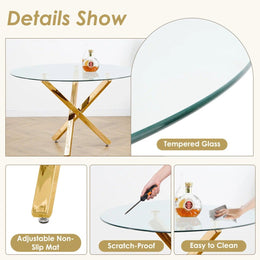 5-Piece Round Glass Dining Table Set (Beige/Gold)