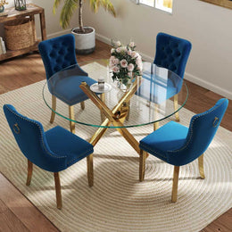 5-Piece Round Glass Dining Table Set (Blue/Gold)