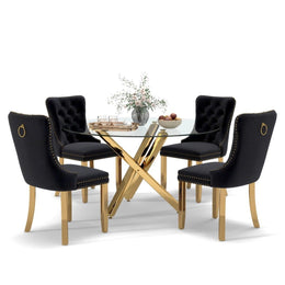 5-Piece Round Glass Dining Table Set (Black/Gold)