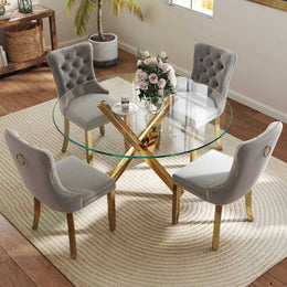 5-Piece Round Glass Dining Table Set (Gray/Gold)