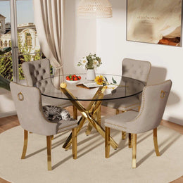 5-Piece Round Glass Dining Table Set (Gray/Gold)