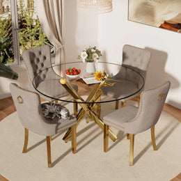 5-Piece Round Glass Dining Table Set (Gray/Gold)